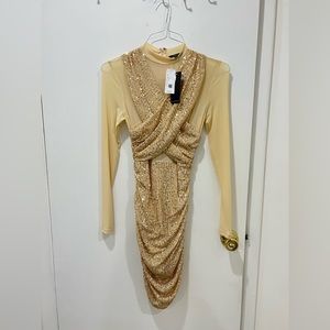 NWT PRIVY Sequin Gold Nude Dress size S